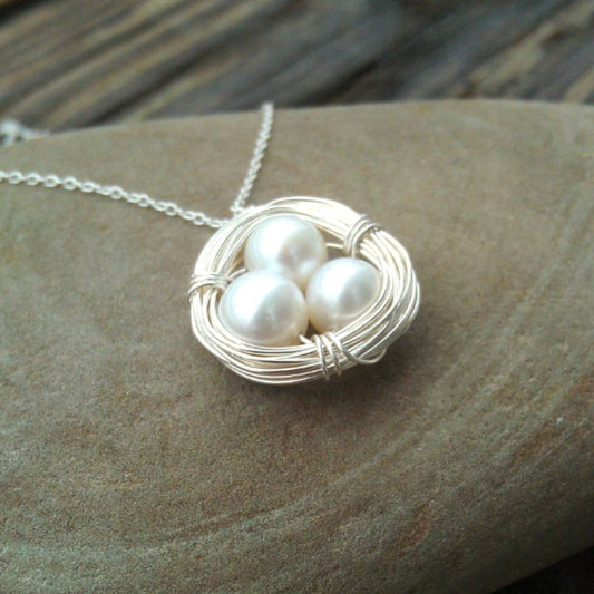 Sterling Silver Birds Nest Necklace with Freshwater Pearls