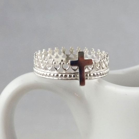 Sterling Silver Cross and Crown Ring