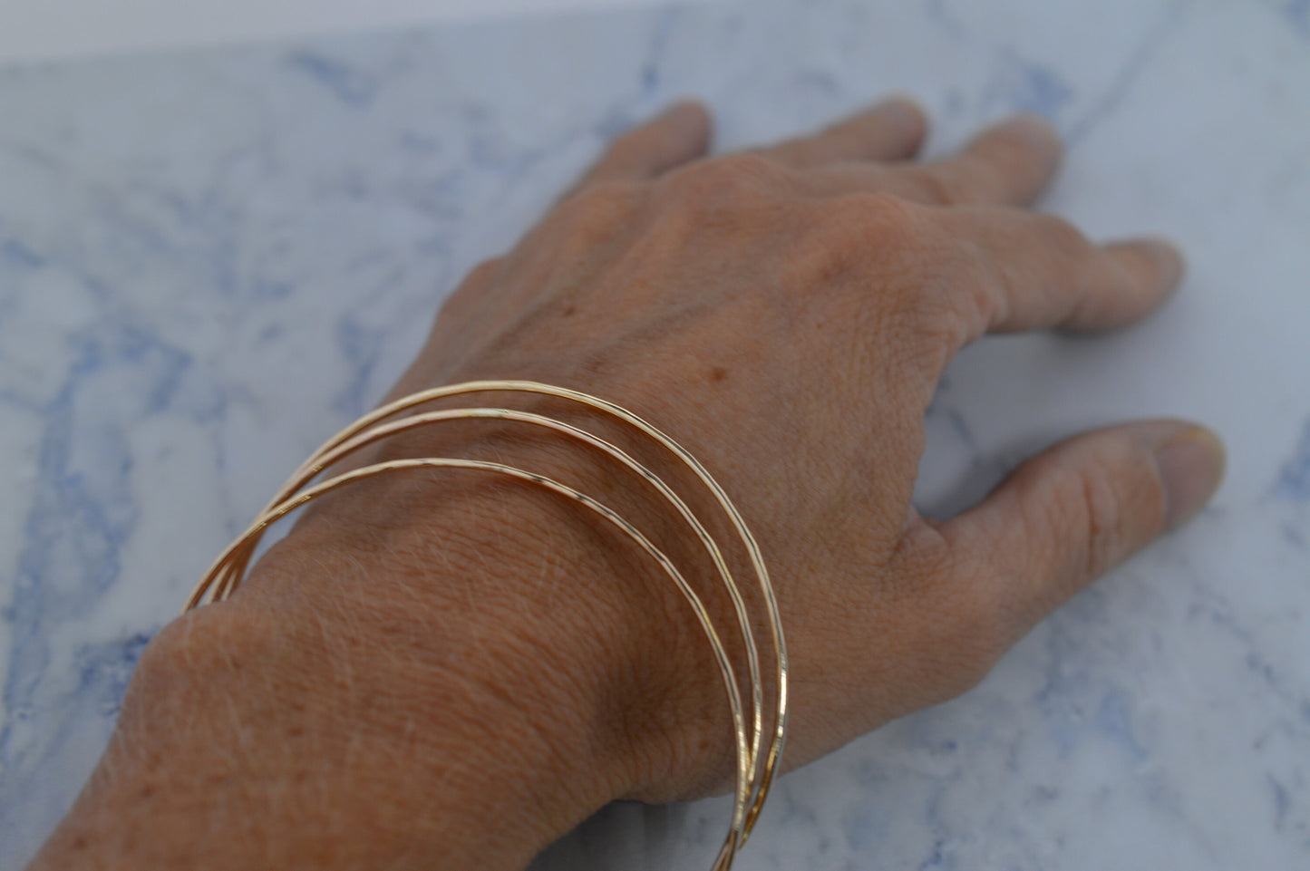 Gold Fill Skinny Hammered Bangle Bracelet