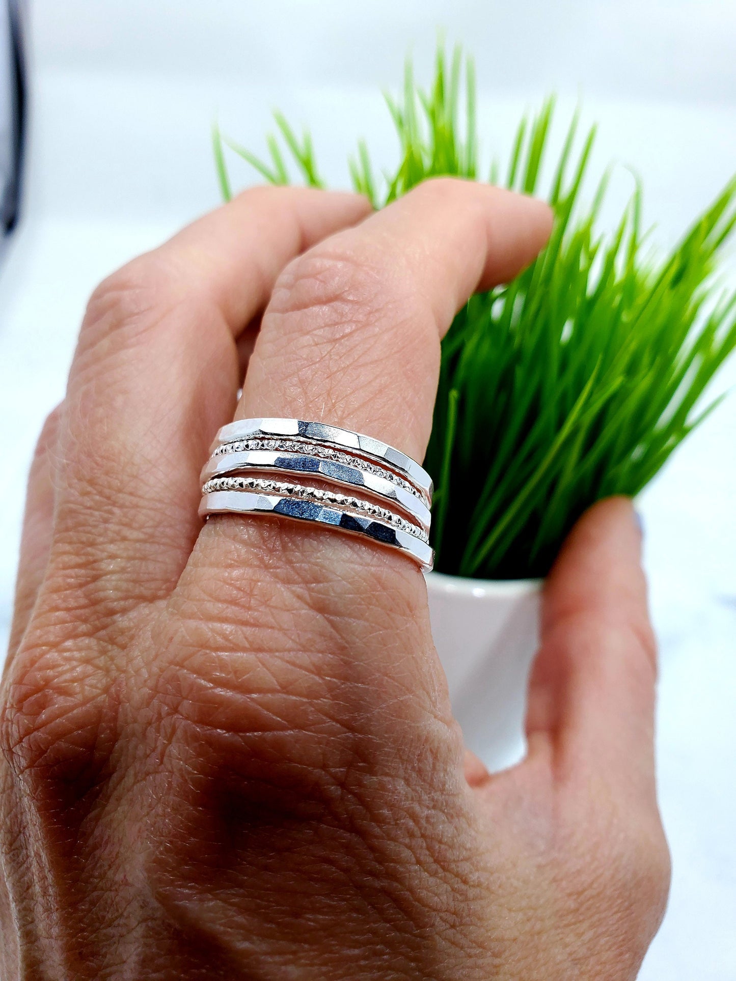 Sterling Silver  Stack Rings - Hammered and Starburst, Set of 5