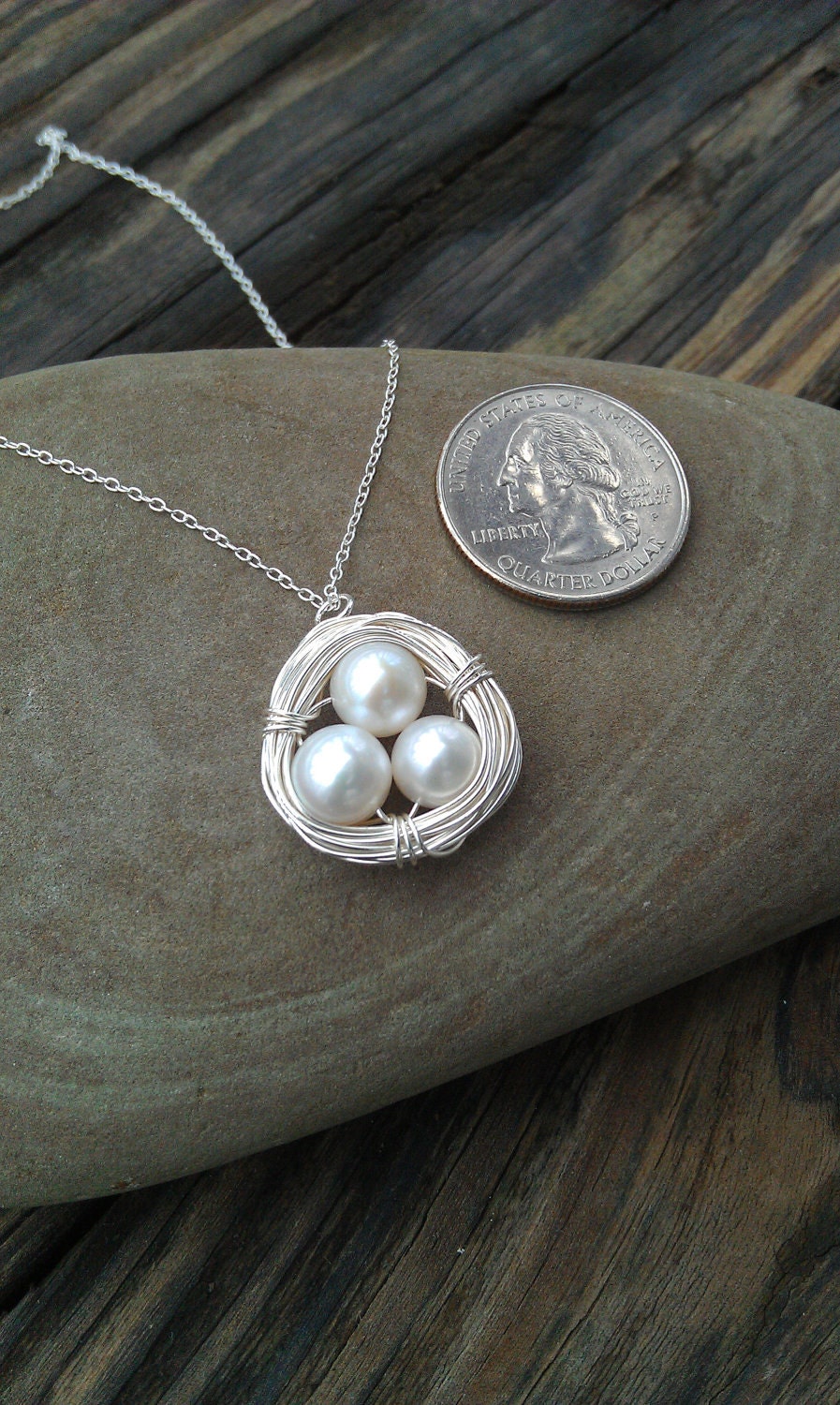 Sterling Silver Birds Nest Necklace with Freshwater Pearls