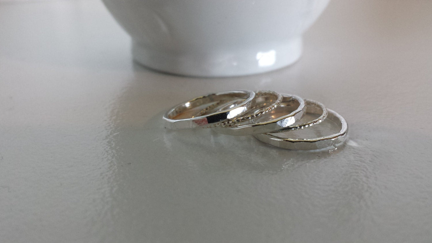 Sterling Silver  Stack Rings - Hammered and Starburst, Set of 5