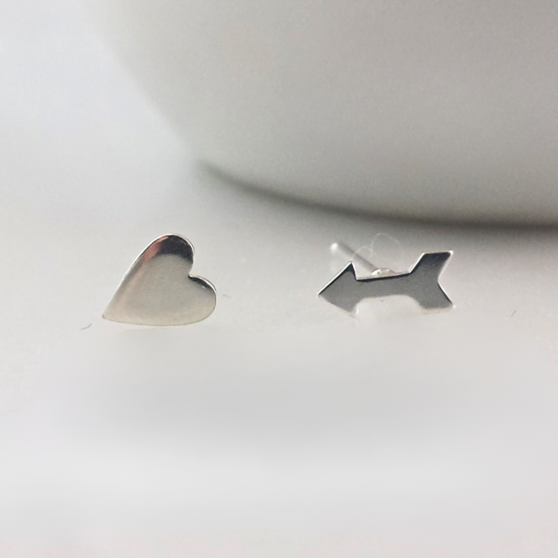 Tiny Sterling Silver Heart and Arrow Earrings