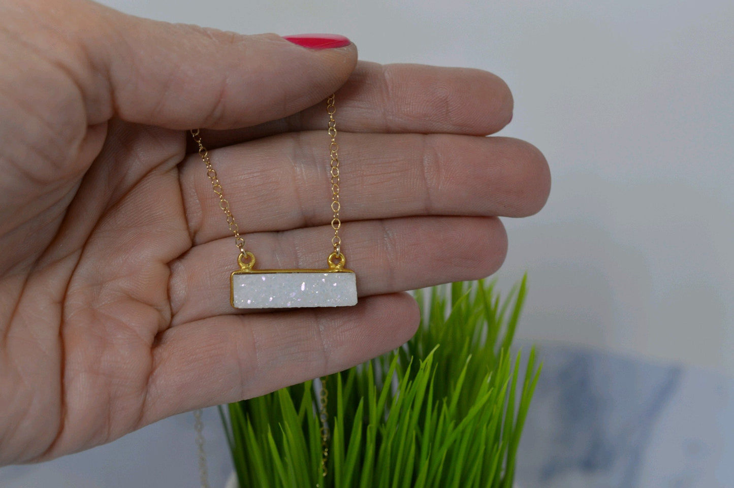 Gold Fill Sparkling Druzy Bar Necklace