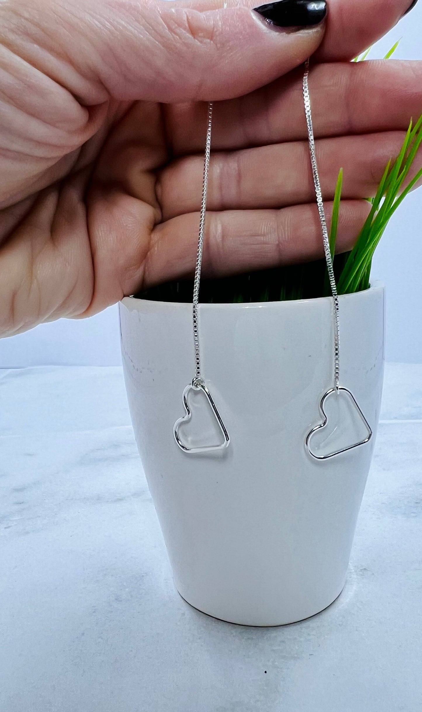 Sterling Silver Long Heart Earrings