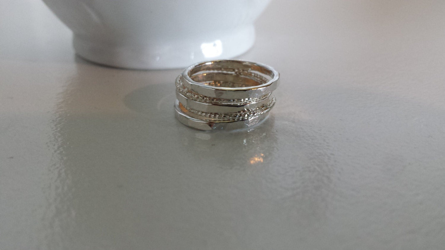 Sterling Silver  Stack Rings - Hammered and Starburst, Set of 5