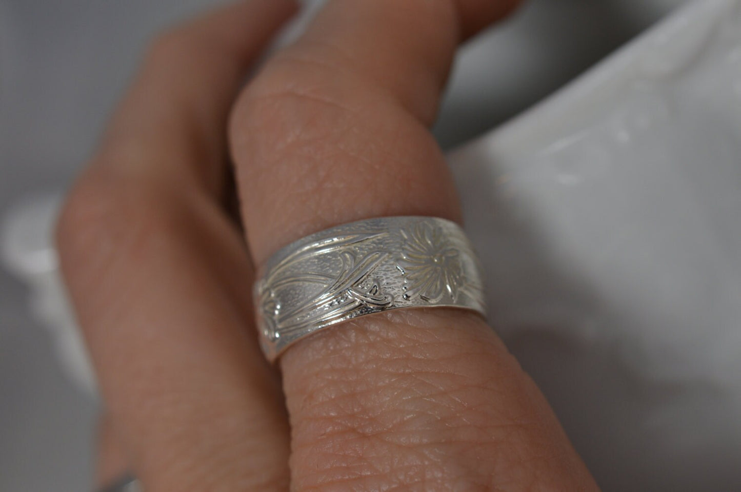Wide Sterling Silver Floral Pattern Ring